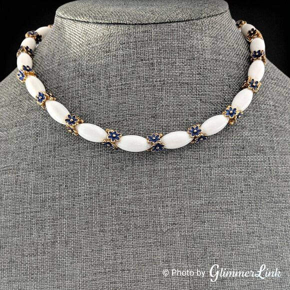 Trifari Jewelry - Vintage Crown Trifari Blue Enamel Floral Lucite Choker Necklace